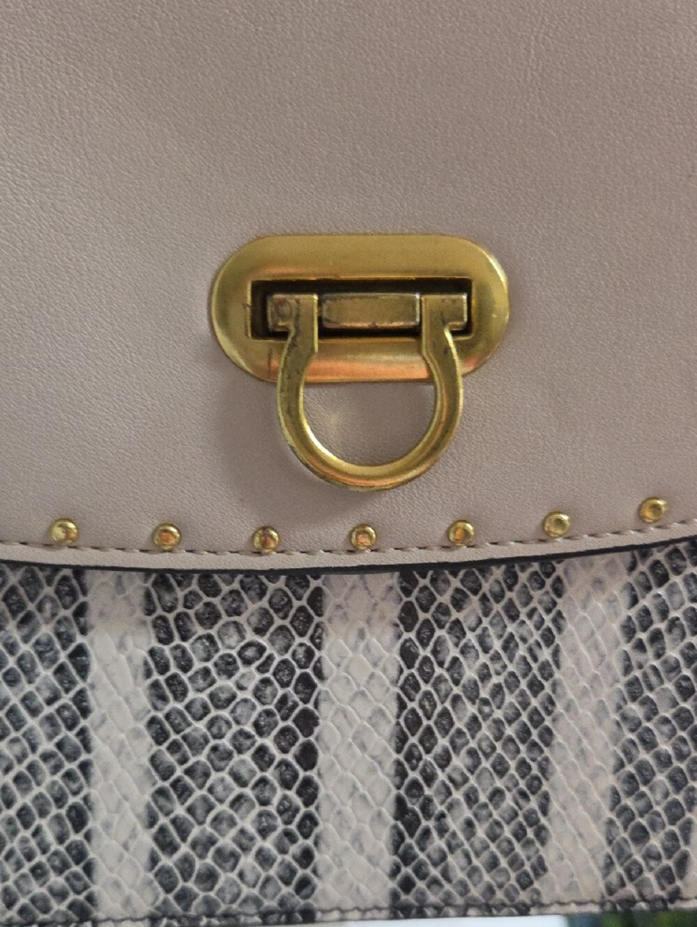 Beige and Black Top-Handle Satchel with Removable Gold Chain Strap - Picture 9 of 9
